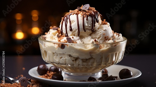 Vanilla ice cream sundae with chocolate sauce and chocolate pieces served in a glass dessert bowl on a dark background