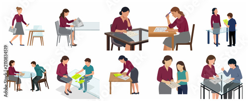 Set of flat vector illustrations featuring a teacher or parent helping children with learning activities, solving puzzles, and reading
