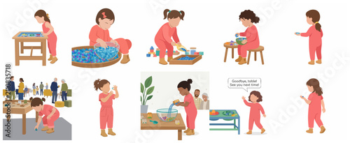 Fotografía Little Girl Sensory Play and Fine Motor Skills Development Activities Vector Ill