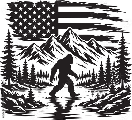 Bigfoot Walking with American Flag Mountain Line Art Vector