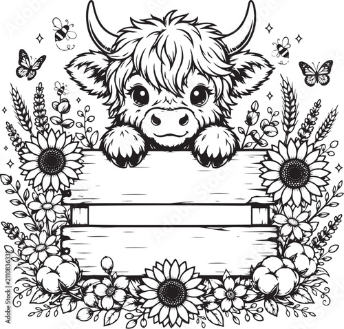 Highland Cow Peeking Over Sunflower Fence Line Art Vector