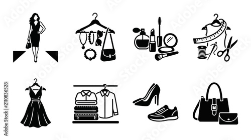 Fashion and beauty icon set, black and white clothing vector illustrations, 8 minimalist style icons for apparel and makeup retail branding