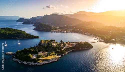 Aerial view of a stunning coastal landscape, showcasing a medieval castle island bathed in golden sunlight, alongside the serene sea