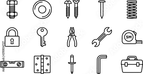 Hardware and construction tool icon set in a simple line art style including fasteners, pliers, wrench, tape measure, level and toolbox.
