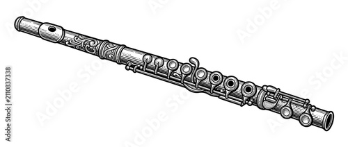 Engraved Metal Woodwind Instrument Illustration