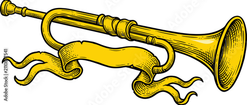 Billede på lærred Vintage Brass Horn with Blank Banner Illustration