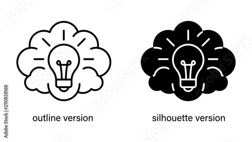 Brainstorming Idea: Two stylized representations of a human brain, one as an outline and the other as a silhouette, each containing a glowing light bulb symbolizing a bright idea or innovation.