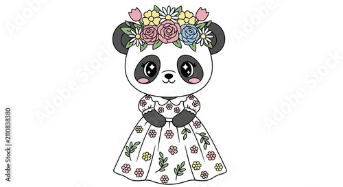 Cute cartoon panda girl wearing a floral dress and flower crown, adorable kawaii illustration for children's designs