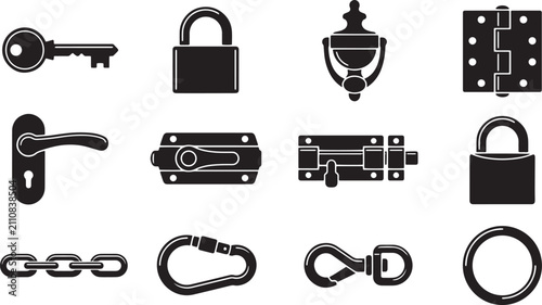 Black door hardware icons, set of 12 security lock and key vector symbols, metal door handle and padlock silhouettes for home safety isolated on Transparent Background