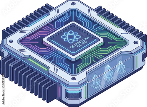 Futuristic quantum processor chip. Advanced microchip hardware for high performance computing.