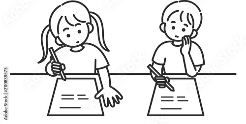 勉強をする女の子と男の子のイラスト　線画のみ