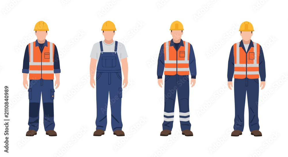 Obraz premium Collection of Professional Construction Workers Wearing Safety Helmets and Protective Uniforms for Industrial Projects
