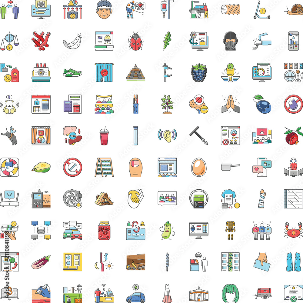Fototapeta premium Set of colorful outline icons covering a wide range of categories including technology, healthcare, finance, food, nature, transportation, communication, and human interaction