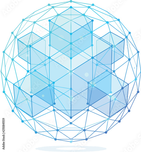 Geometric Network Sphere with Clear Blue Interconnected Cubes