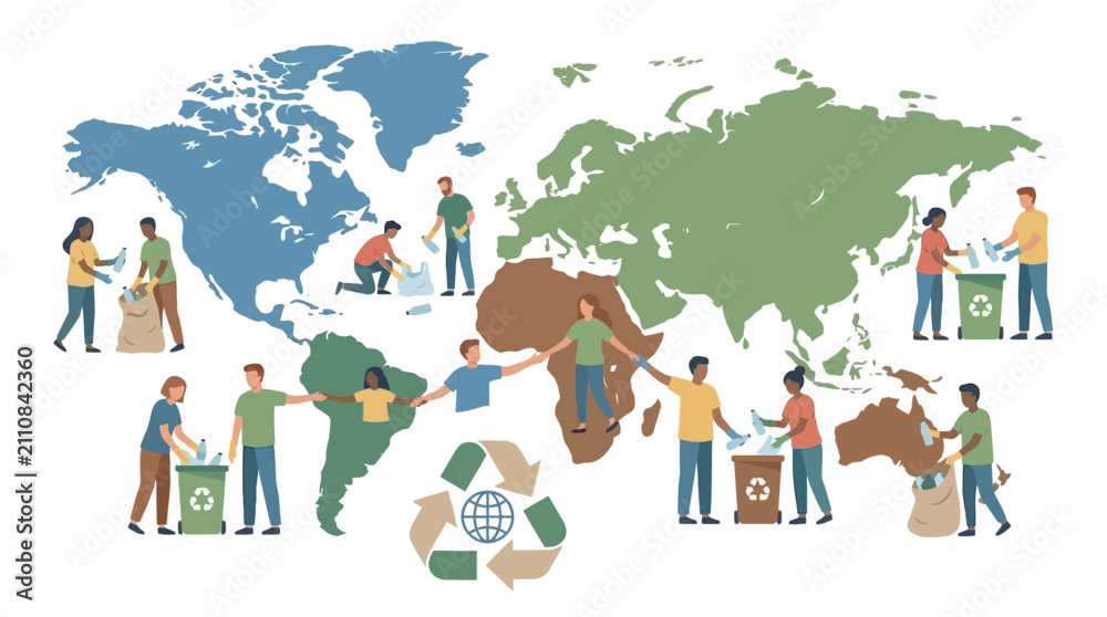 Fototapeta premium People around the world participating in recycling and environmental cleanup activities, promoting global sustainability and ecological awareness.