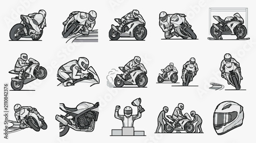 Konstfotografi Corporate Set of Motorcycle Riding Scenes and Racing Action Sequences in Monochr