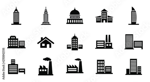 Building Silhouettes Collection Black Flat Icons On White Background