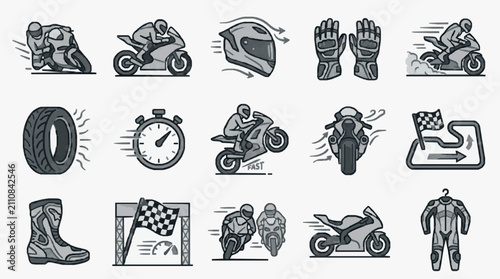 Fotografía Creative Grayscale Icons Set Featuring Motorcycle Safety Gear Racing Elements an