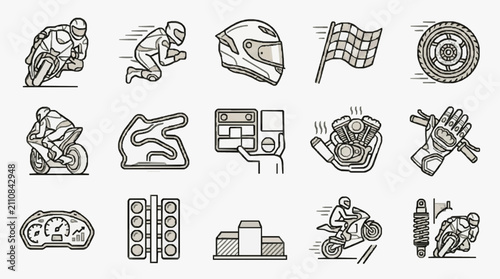 Canvastavla Minimalist Black and White Line Drawing Icons Set Featuring Motorcycle Racing El