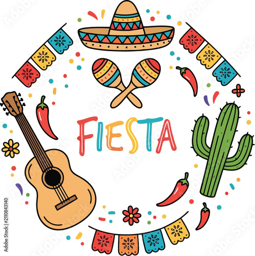 Colorful mexican fiesta celebration elements with guitar maracas cactus and sombrero