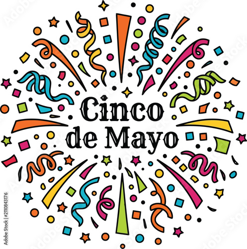 Cinco de mayo celebration greeting card design with colorful festive confetti and ribbons