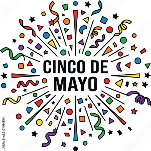 Cinco de mayo text celebration design with colorful confetti and festive party elements