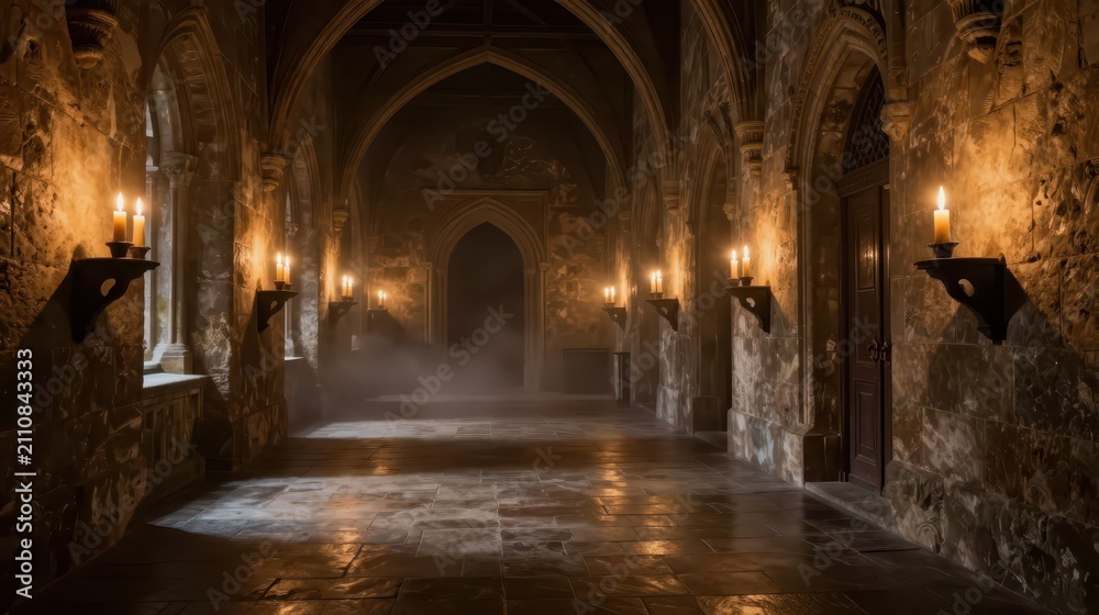 Obraz premium Dimly lit gothic stone corridor with candles
