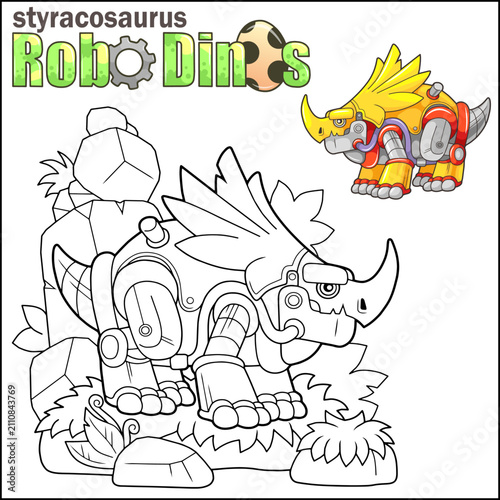 cute robot dinosaur styracosaurus, coloring page