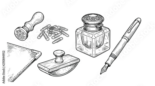 Fotografie Vintage Writing Tools Set Vector Illustration
