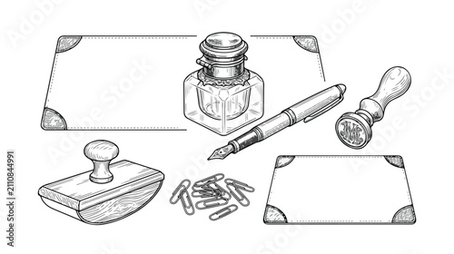 Bild auf Leinwand Vintage Desk Accessories Set Hand Drawn Vector Illustration