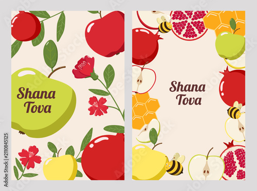 Two Rosh Hashanah greeting cards with apples, pomegranates, honeycombs, bees, and flowers on beige background, featuring Shana Tova text in festive brown script