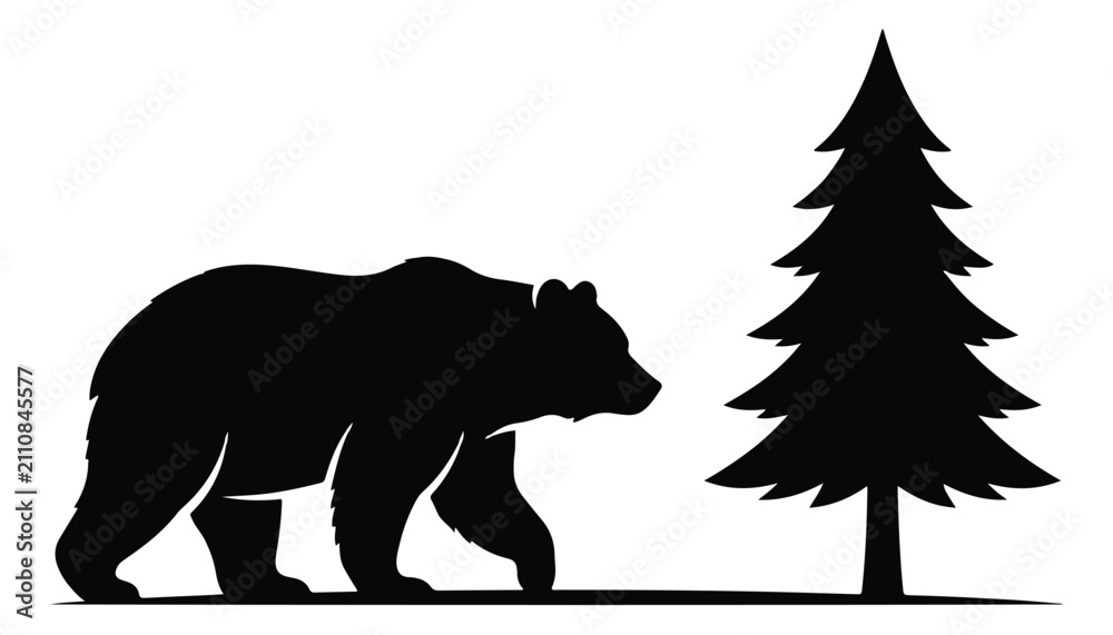 Obraz premium Black bear silhouette walking near pine tree, wild grizzly bear vector illustration, forest animal nature icon for outdoor camping branding