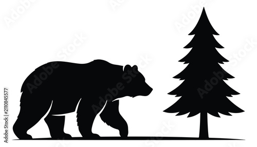 Foto Black bear silhouette walking near pine tree, wild grizzly bear vector illustrat