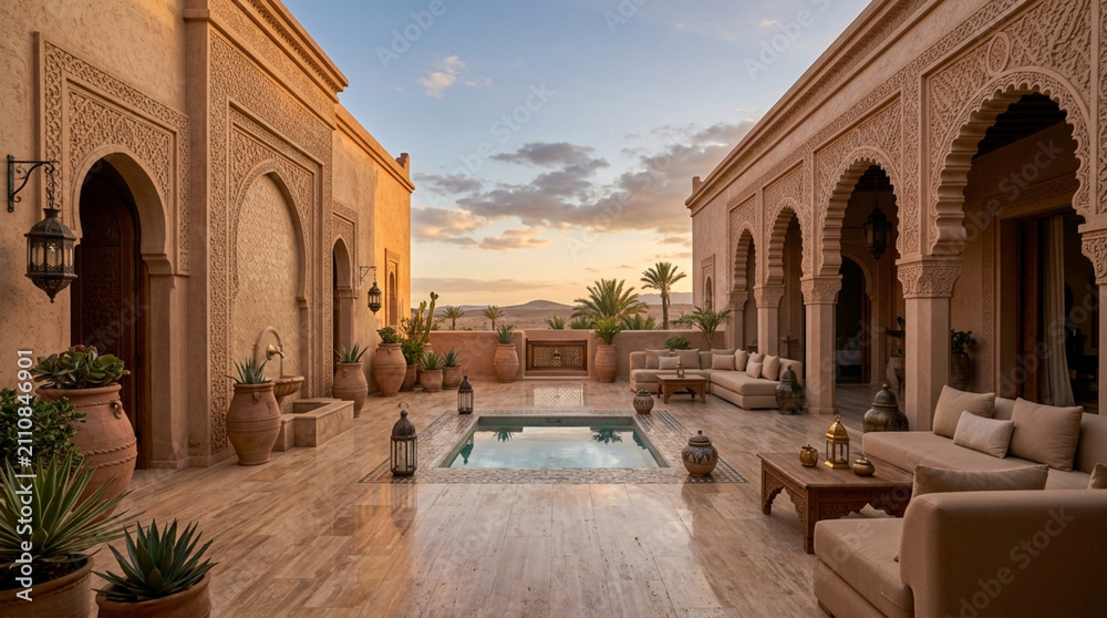 Obraz premium Moroccan courtyard with pool, intricate carvings, and sunset