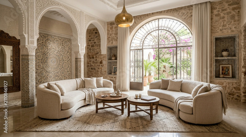 Moroccan inspired living room with curved sofas and arched window