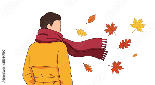 A person in a yellow coat and red scarf facing away, with autumn leaves blowing in the wind, depicting a crisp fall day.