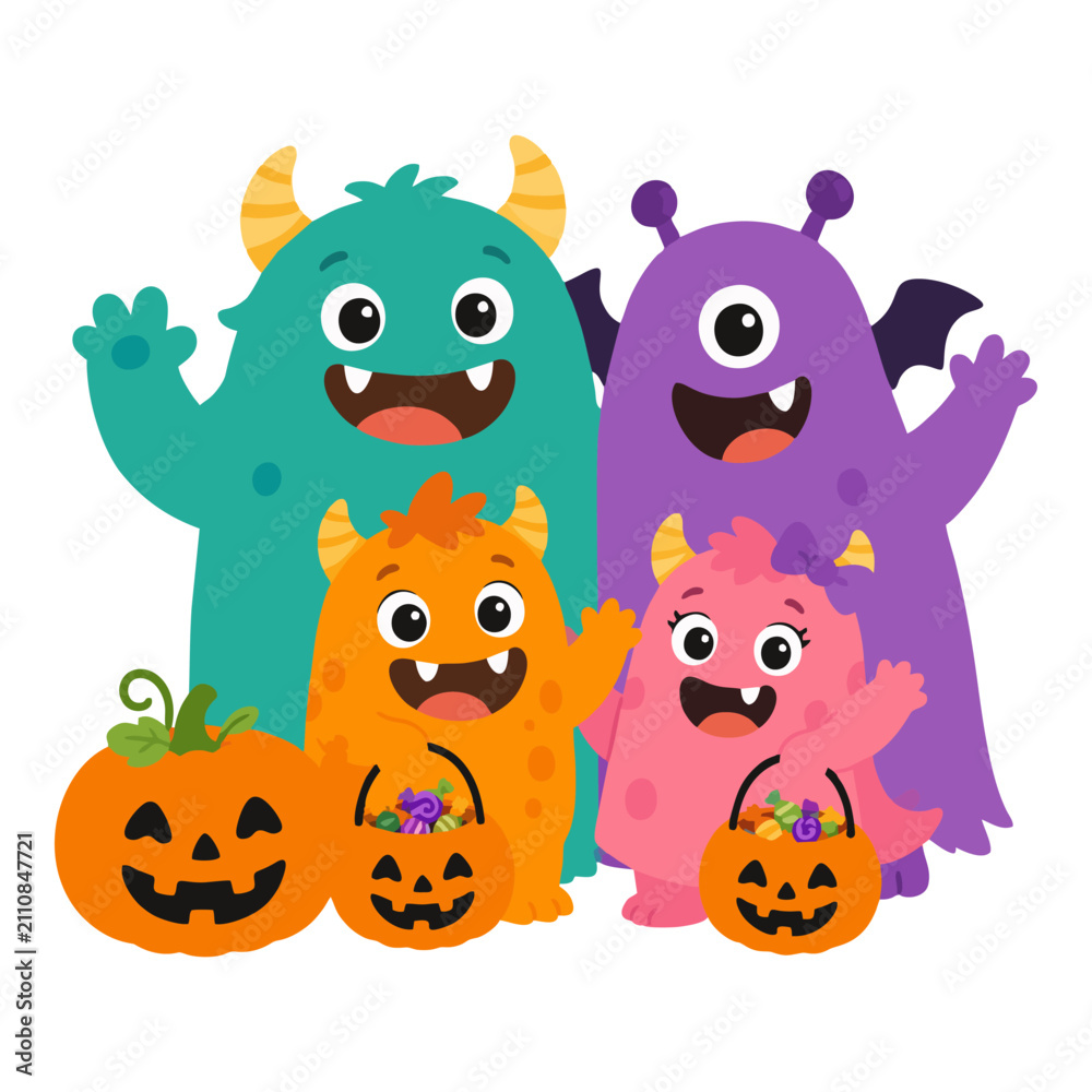 Fototapeta premium Cute Colorful Monster Family Holding Halloween Pumpkin Candy Buckets