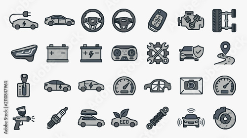 Corporate Collection of Minimalist Monochrome Vehicle and Auto Maintenance Icons for Presentations Websites and Reports