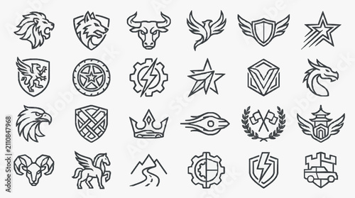 Dynamic Black and White Line Art Collection of 30 Unique Crest Emblem and Symbol Designs for Branding Logos and Graphics