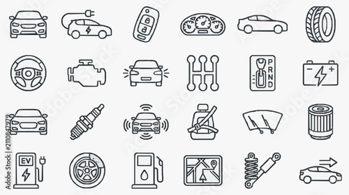 Dynamic Black and White Line Icons Set Featuring Various Car Related Symbols and Components with high quality professional line art symbols for modern creative design and digital branding projects