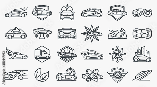 Industrial Minimalist Black and White Line Icons Set Featuring Various Vehicles Tools and Technology Concepts
