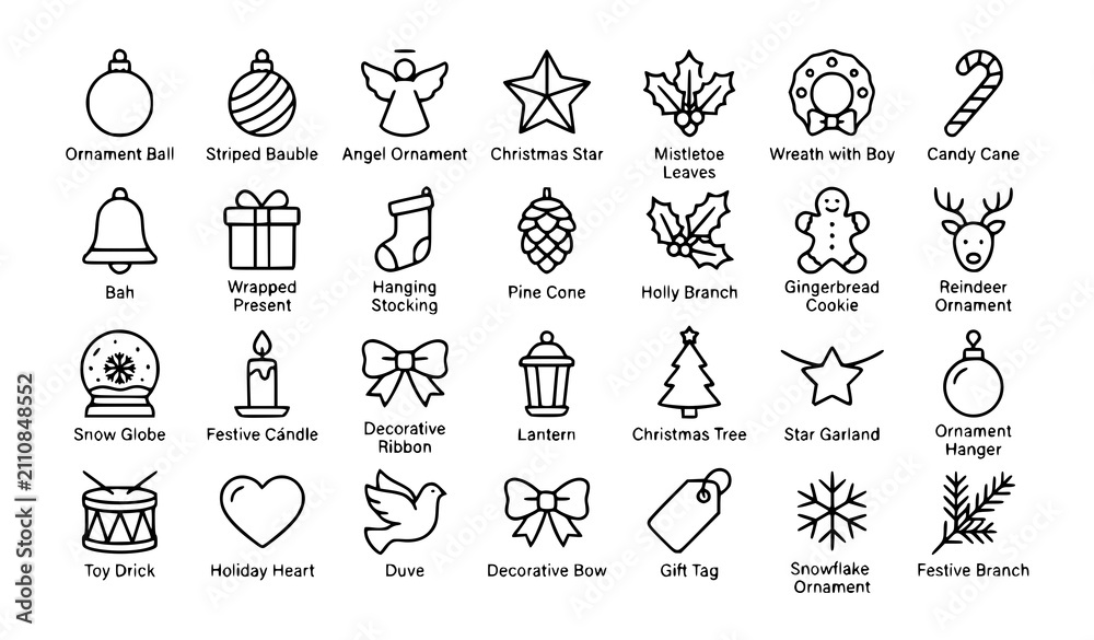 Fototapeta premium Minimal Christmas Decoration Outline Icon Collection with Wreath Bauble Angel Mistletoe and Holiday Toys Vector