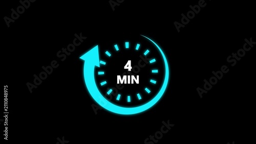 Foto Cyan glowing circular timer icon with arrow indicating four minutes duration on