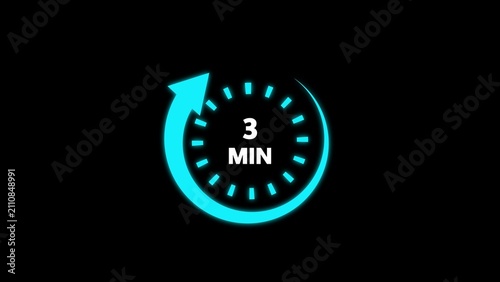 Foto Cyan glowing circular timer icon with arrow indicating three minutes duration on