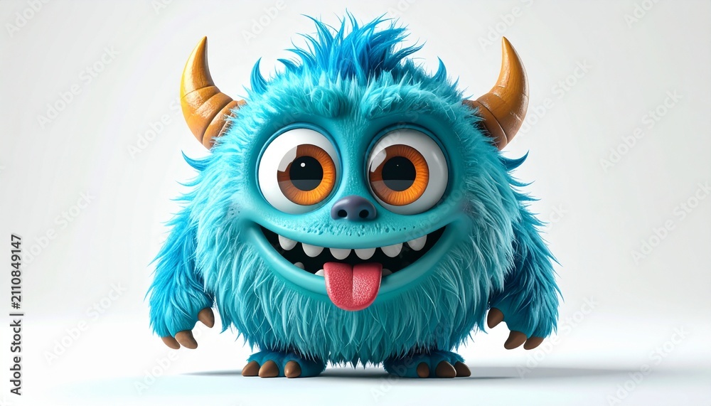 Obraz premium Friendly blue monster mascot character smiling happily. Cute cartoon creature with soft fur and horns for branding and design.