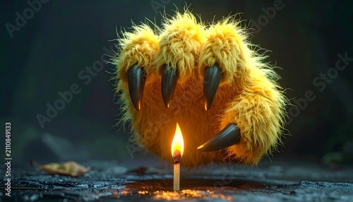 Fluffy monster hand holding lit candle in dark setting. Cute fantasy creature paw with glowing flame for spooky storytelling.