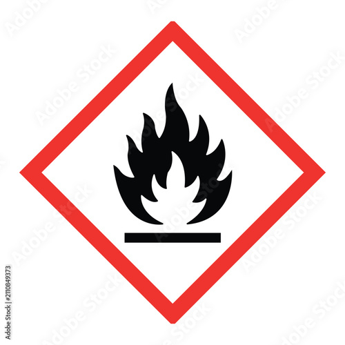 Flammable Symbol: A universally recognized hazard symbol depicting a flame, enclosed within a red diamond border, indicating the presence of flammable material.
