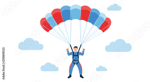 Quadro su tela Skydiving Adventure: A lone skydiver descends from the sky, with a vibrant parachute fully deployed, against a backdrop of fluffy clouds