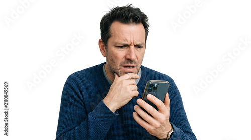 Man confused by incorrect AI chatbot response on smartphone isolated on white background for artificial intelligence limitation