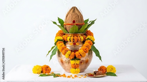 Traditional Kalash for Hindu puja ceremony. Copper pot with coconut and marigold flowers.